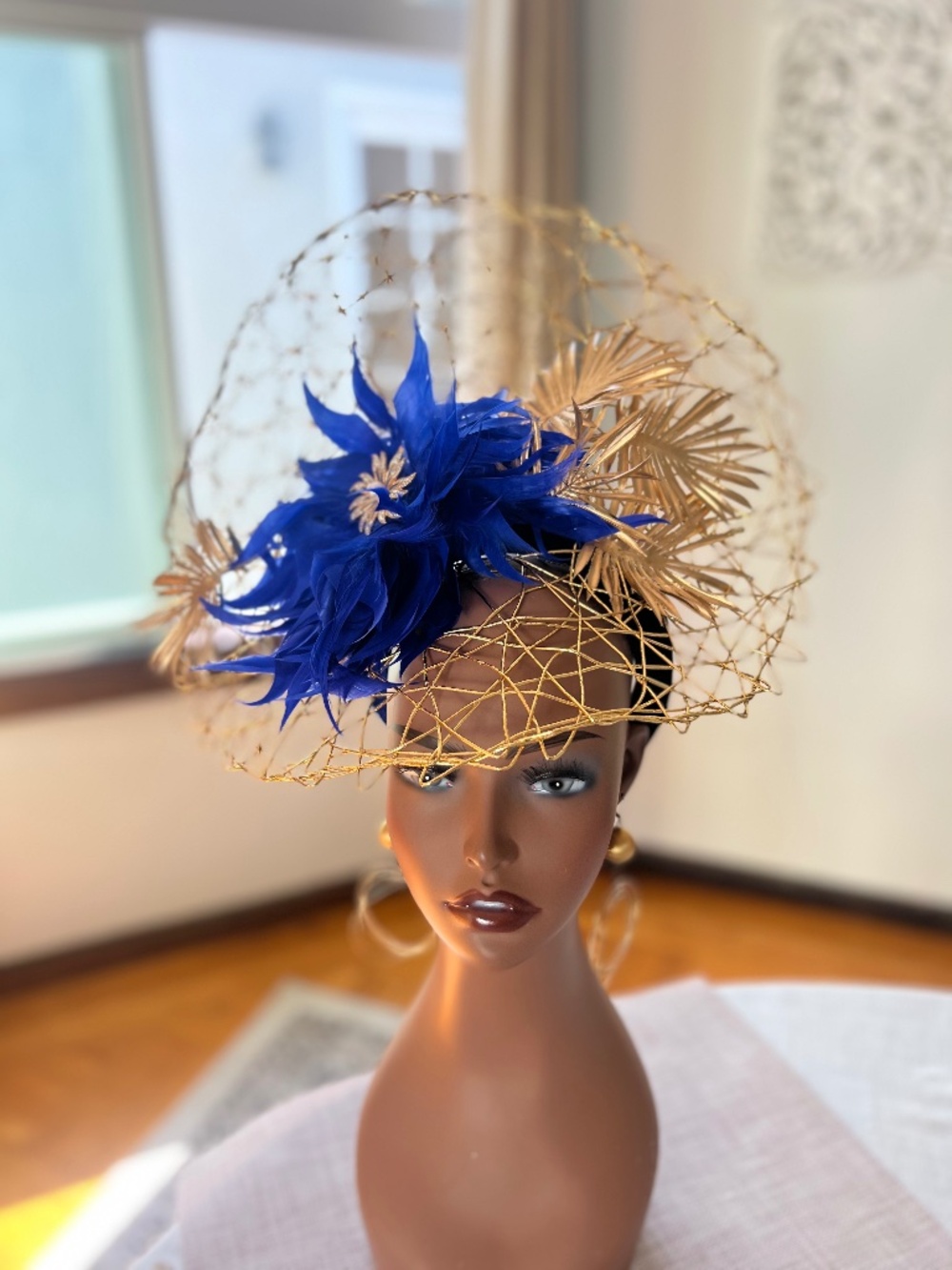 Kentucky Derby Royal Blue Feathered Flower and Gold Woven Fascinator